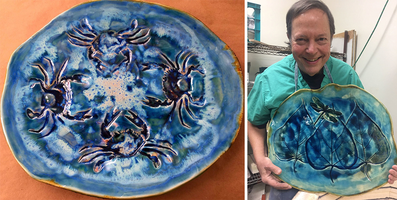 Clay platter with crab and floral imprint held by Dr Stuart Glassman